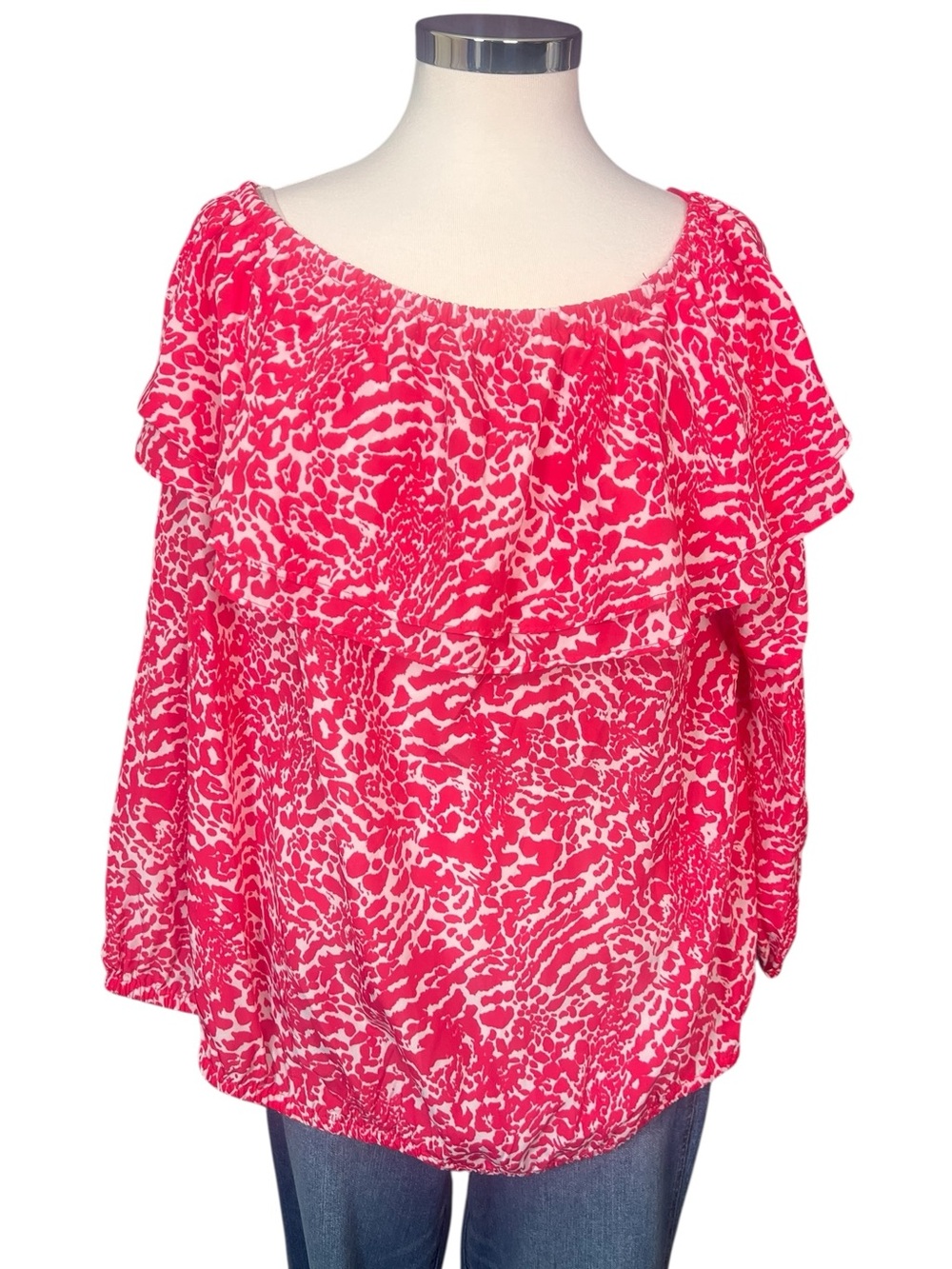 Michael Kors 25” Deep Pink Print Ruffle Long Sleeve Blouse Top